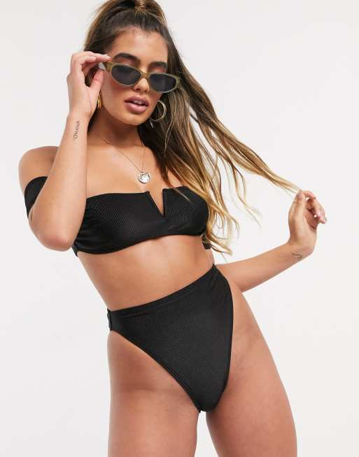South Beach - Top bikini mix and match a fascia con spalle scoperte a coste nero, 4 di 4