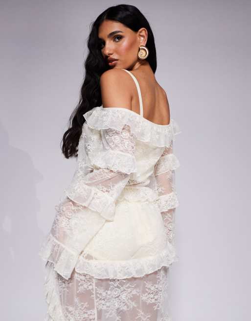 South Beach - Top color crema con spalle scoperte e volant in pizzo, 4 di 4