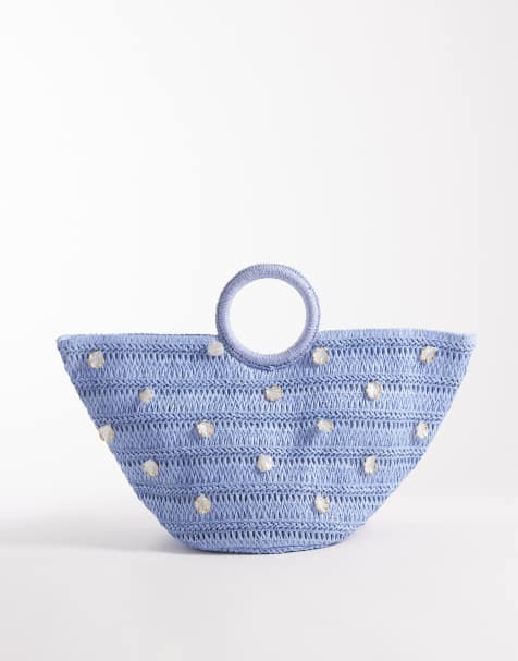 South Beach top handle straw bag with pearl shell embellishment in blue - view 1