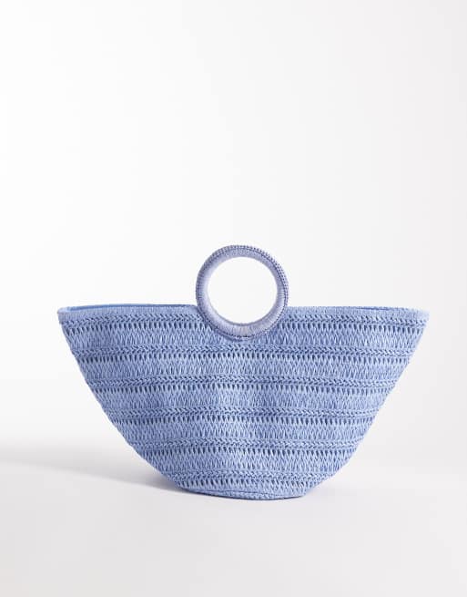 South Beach top handle straw bag with pearl shell embellishment in blue, 4 of 4