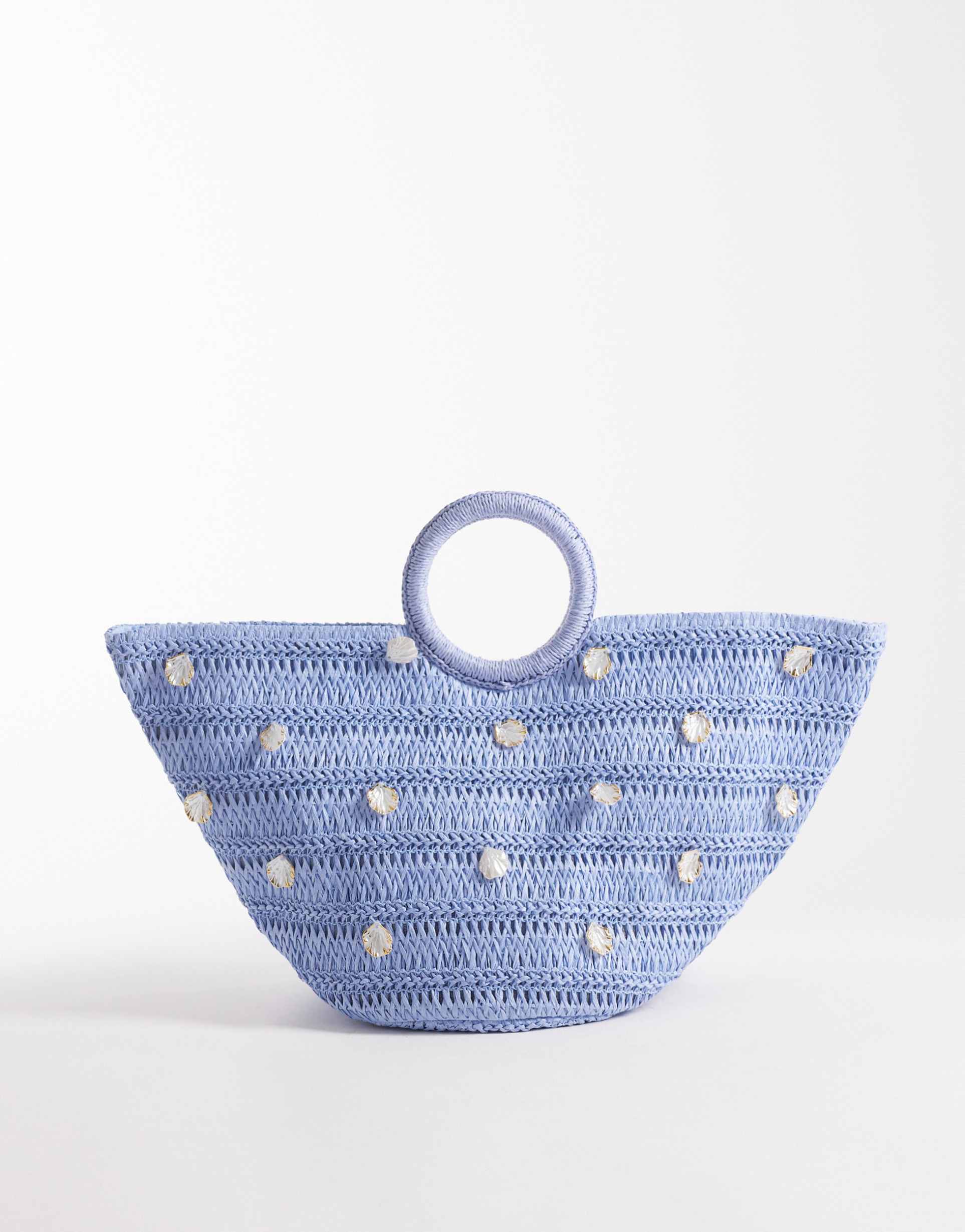 south beach top handle straw bag with pearlescent faux shell embellishment in blue