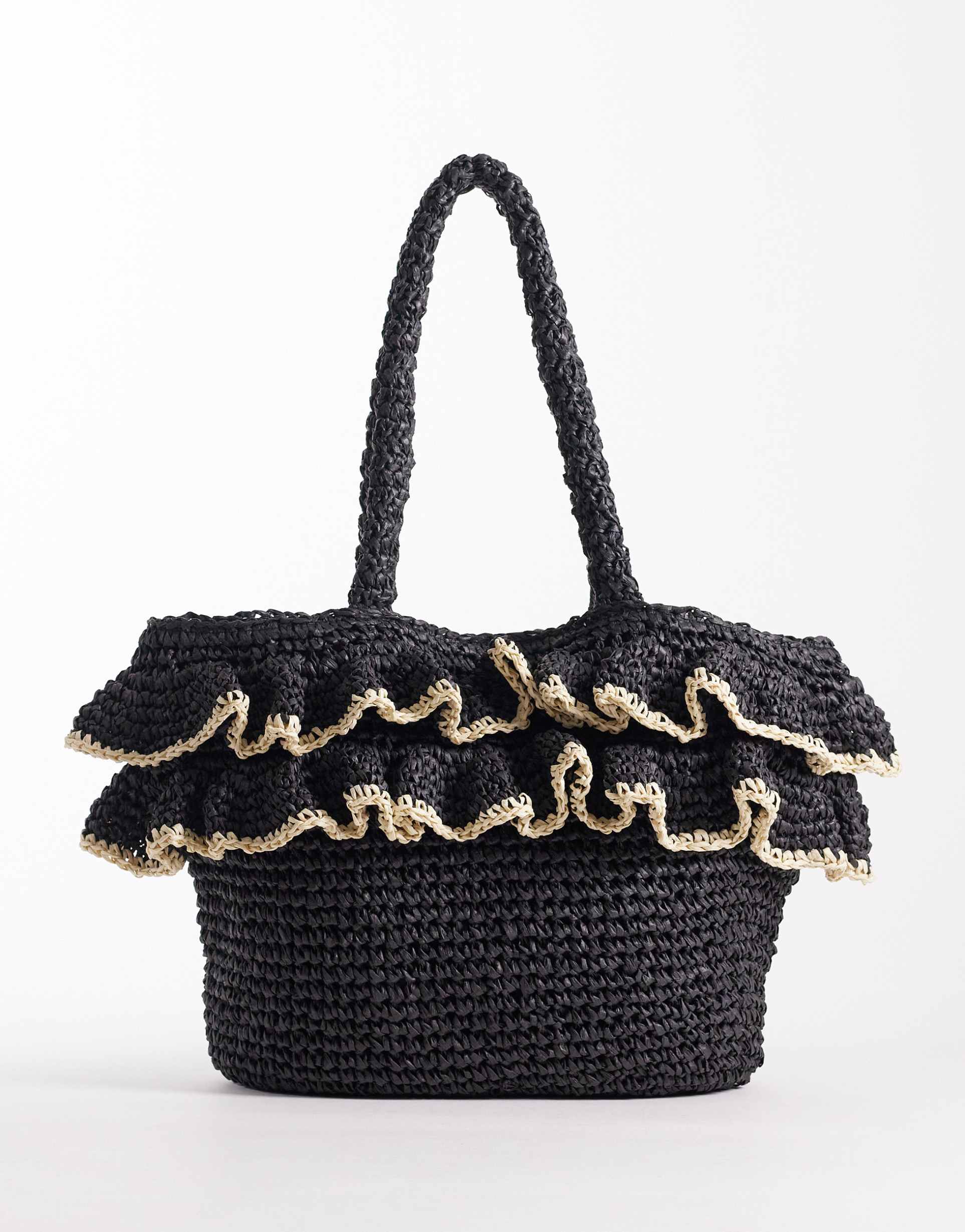 south beach top handle straw bag with ruffle detail in black