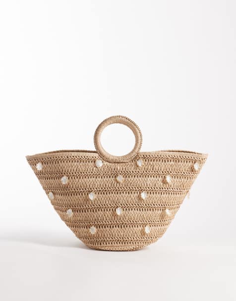 South Beach top handle straw purse with pearlescent faux shell embellishment in natural - view 1