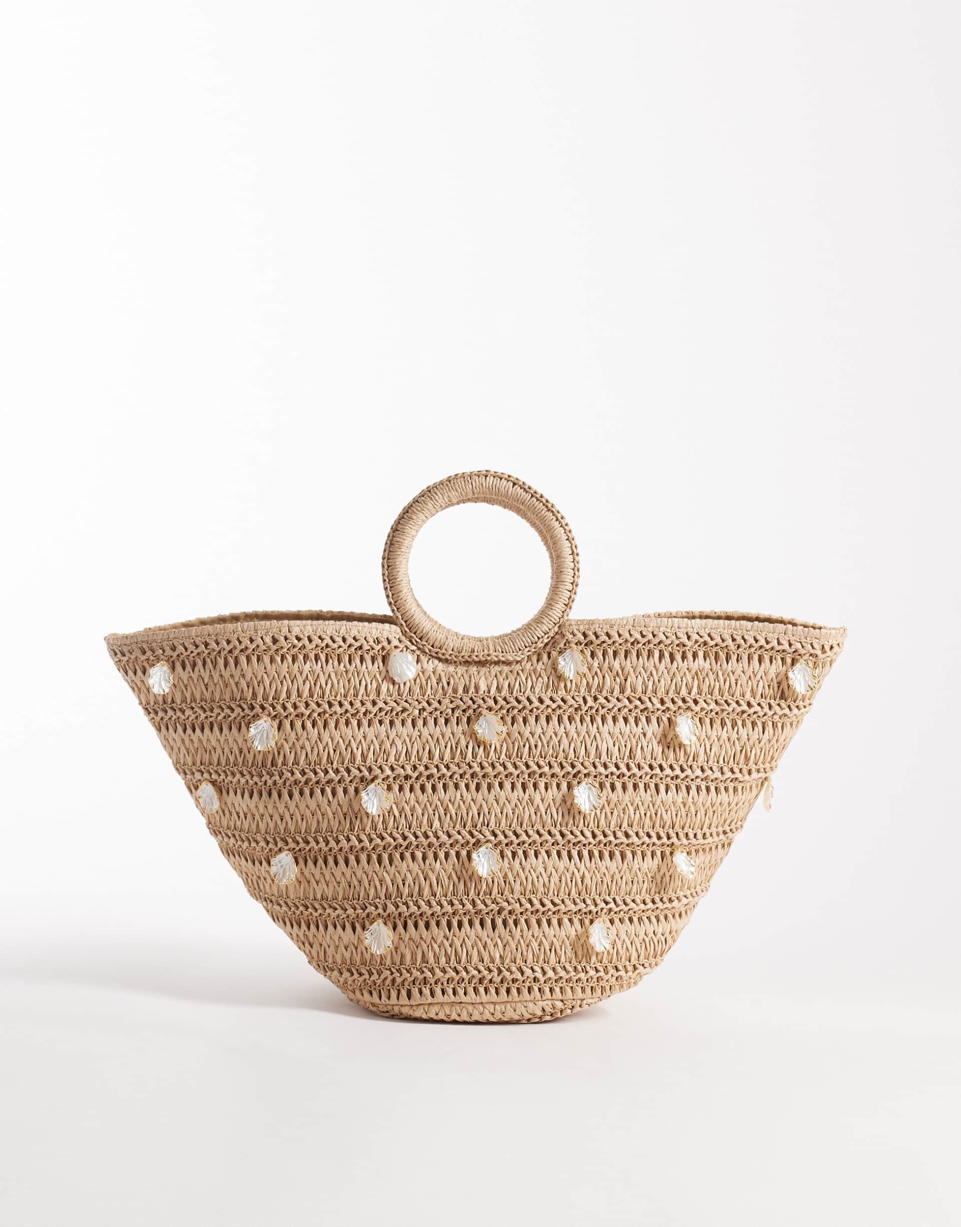 south beach top handle straw purse with pearlescent faux shell embellishment in natural