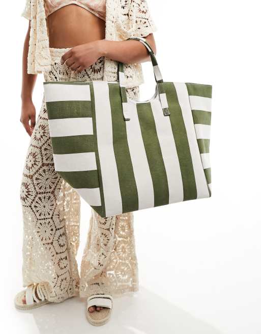South Beach – Torba typu tote oversize w paski w kolorze khaki 