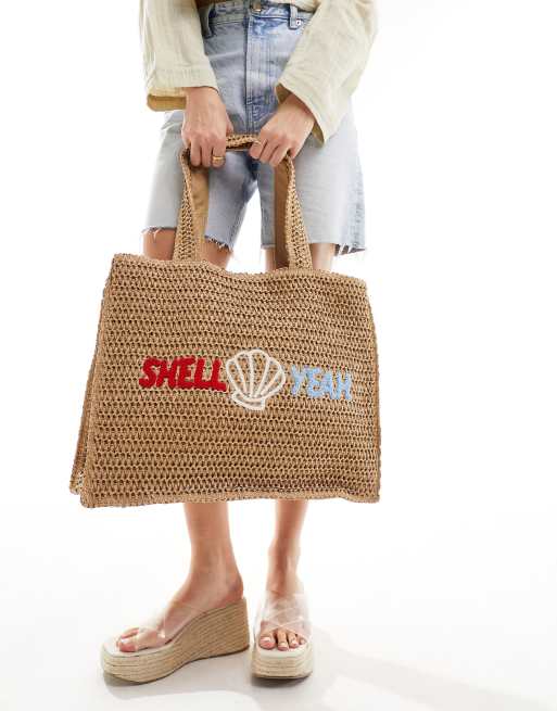 South Beach – Torba typu tote ze słomianej plecionki z napisem „Shell Yeah“ , 3 z 4