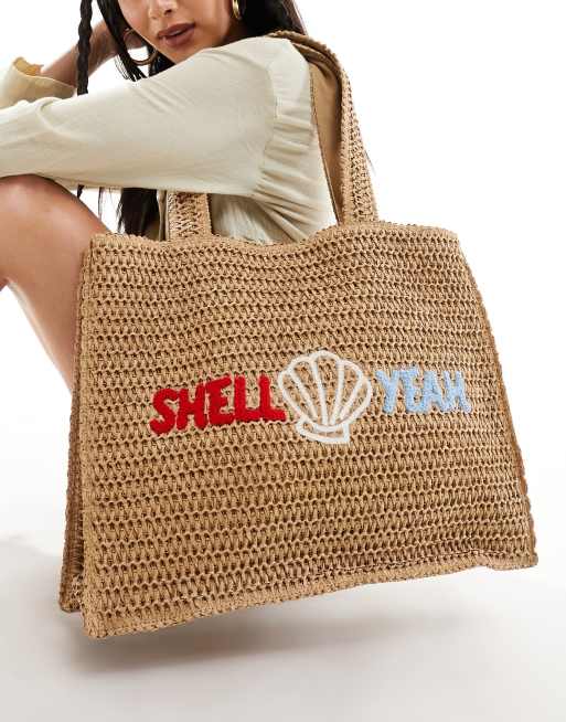 South Beach – Torba typu tote ze słomianej plecionki z napisem „Shell Yeah“ , 4 z 4