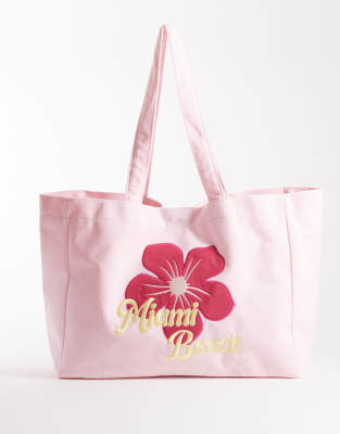 South Beach - Tote bag en tissu éponge à imprimé Miami Beach - Rose pâle