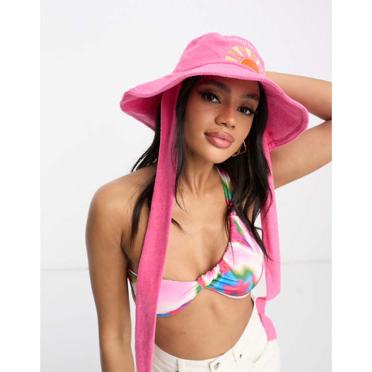 South Beach Towelling Bucket Hat with Ties in Bright Pink