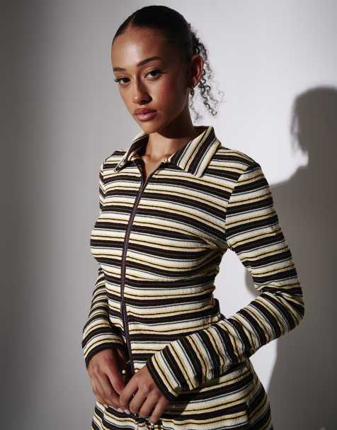 South Beach Towelling stripe collared long sleeve shirt in yellow - view 1