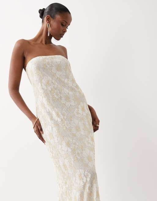 South Beach – Trägerloses Maxikleid aus glitzernder Spitze in Weiß, 2 von 4
