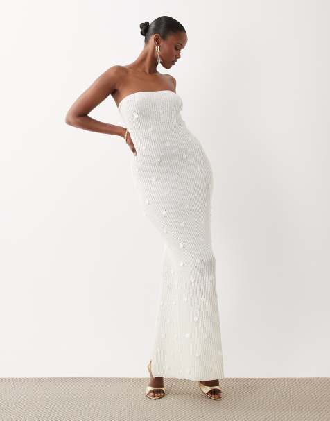 South Beach – Trägerloses Maxikleid aus Strick in Weiß mit Paillettendetail - view 1