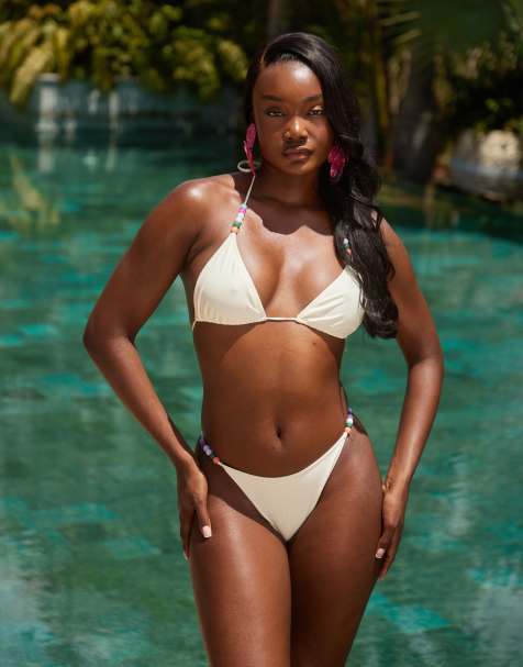 South Beach triangle bikini top with bubblegum bead detail in cream - view 1
