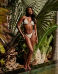 [South Beach] South Beach triangle bikini top with frill hem and pink flower detail in cream lace-White 14 Cream