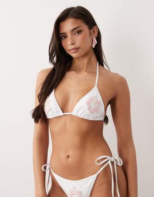South Beach Triangle Bikini Top With Sequin Flower Patch In White