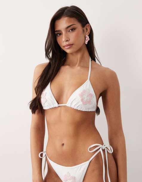 South Beach triangle bikini top with sequin flower patch in white - view 1