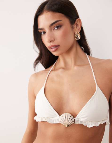 South Beach triangle bikini top with shell detail in white - view 1
