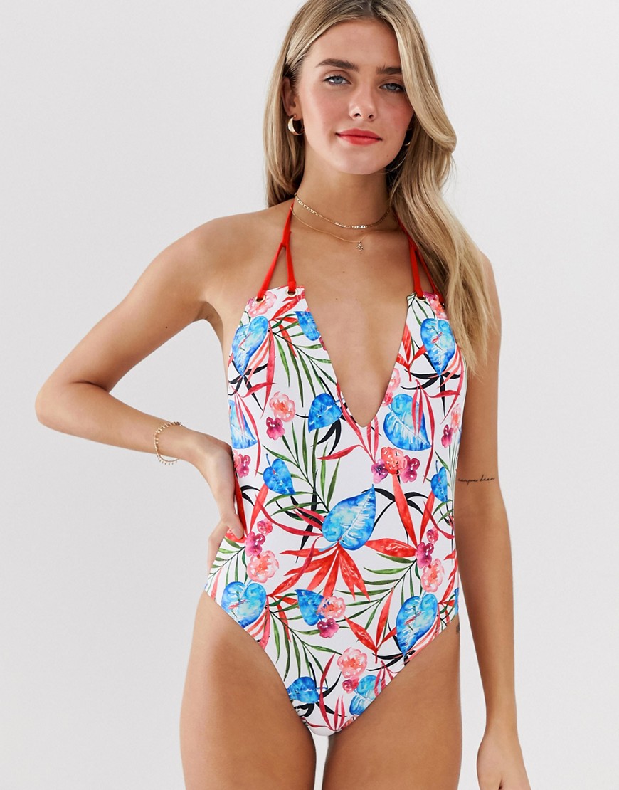 South Beach tropical print plunge swimsuit-Multi