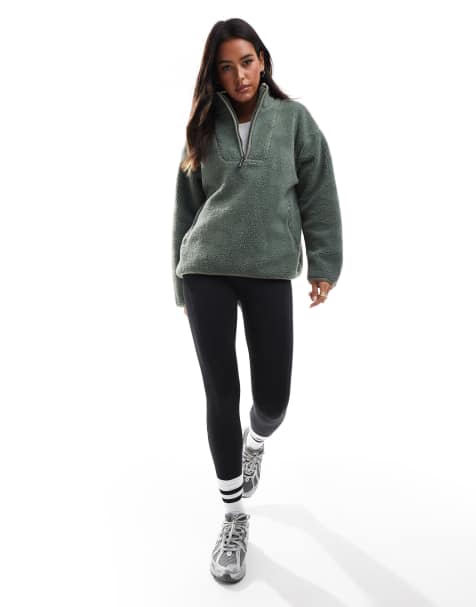 South Beach - Trui van borg met korte rits in kaki - view 1