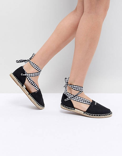 South Beach Two Part Espadrilles in Black With Gingham Tie