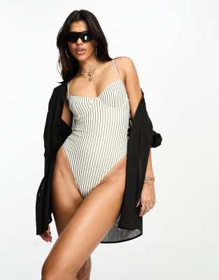 South Beach underwire swimsuit in khaki pinstripe-Green