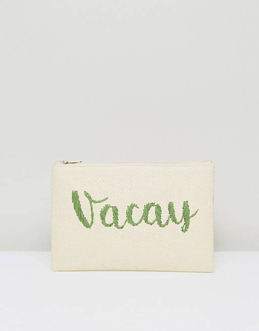 South Beach Vacay Embroidered Zip Top Straw Clutch Bag