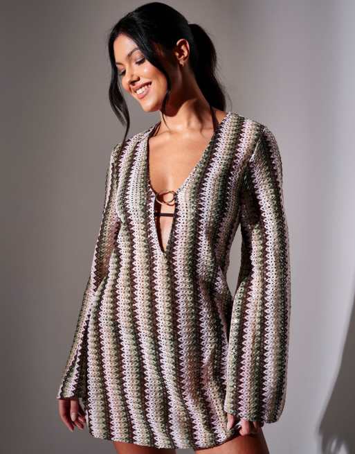 South Beach - Vestito caftano corto all'uncinetto multicolore con paillettes, decalcomanie e anello