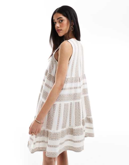 South Beach - Vestito corto senza maniche in jacquard tortora a balze, 4 di 4