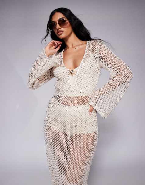 South Beach - Vestito da mare lungo color crema con paillettes argento - view 1