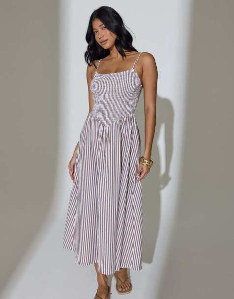 South Beach - Vestito lungo a punto smock marrone a righe - view 1