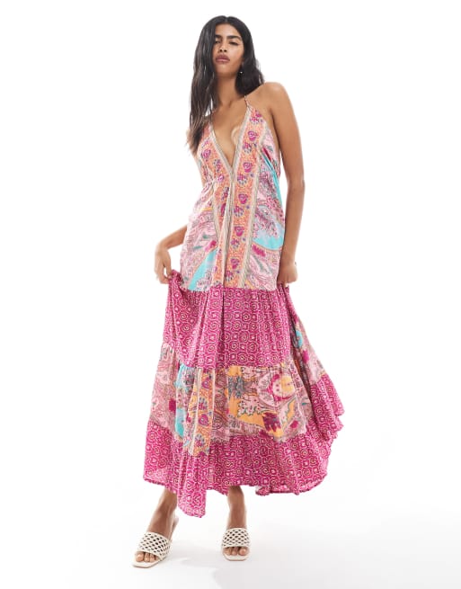 South Beach - Vestito lungo allacciato al collo rosa