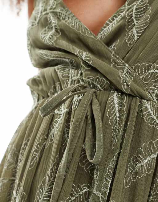 South Beach - Vestito lungo con spalline sottili kaki ricamato, 2 di 4