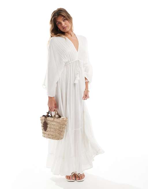 South Beach - Vestito lungo metallizzato bianco con maniche stile kimono