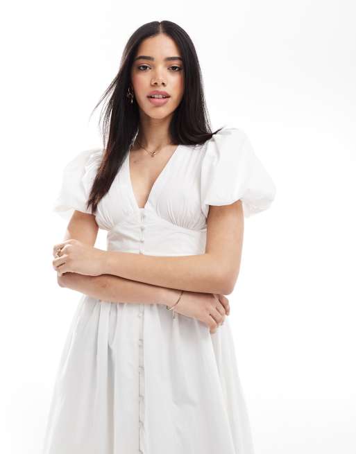 South Beach - Vestito midi bianco con maniche a sbuffo e bottoni