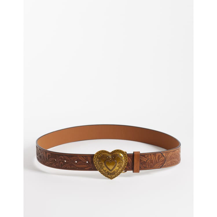 Stylish Tan Heart Buckle Belt Tan Leather Heart Cutout Belt: Wide Waist Belt With Metal  main image 2