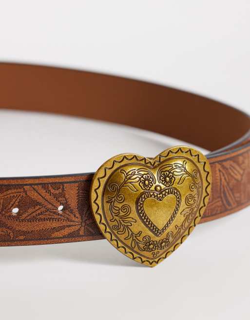 Stylish Tan Heart Buckle Belt Tan Leather Heart Cutout Belt: Wide Waist Belt With Metal  main image 3