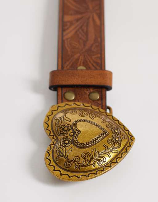 Stylish Tan Heart Buckle Belt Tan Leather Heart Cutout Belt: Wide Waist Belt With Metal  main image 4