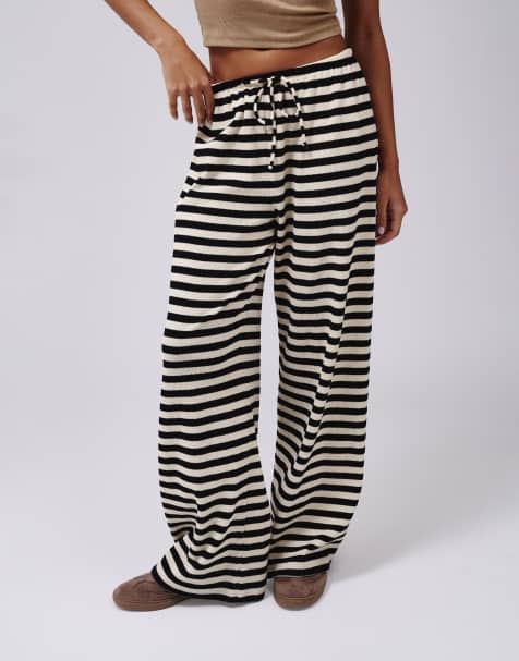 South Beach Waffle stripe wide leg trouser in black