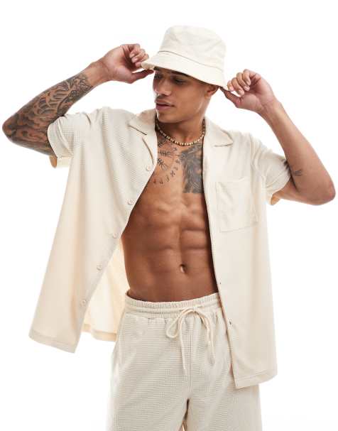 South Beach waffle towelling beach shirt co-ord in cream - view 1