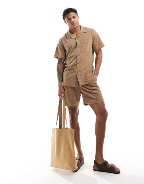 South Beach waffle towelling beach shirt co-ord in tan - view 1