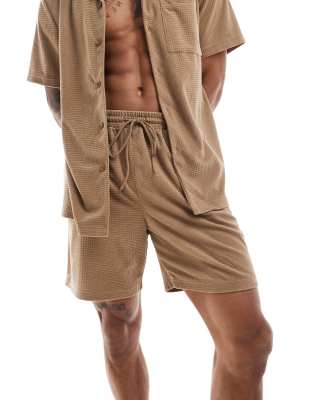 South Beach waffle towelling beach short co-ord in tan-Neutral