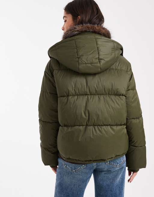 South Beach – Wattierte Jacke in Khaki mit Kunstpelzfutter an der Kapuze , 4 von 4