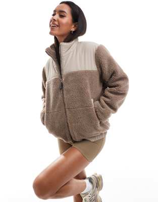 South Beach - Wattierte Teddyfell-Jacke in Taupe mit Reißverschluss-Neutral