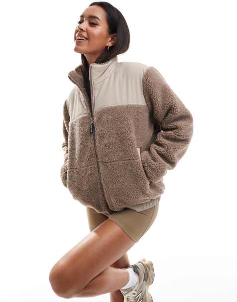 South Beach – Wattierte Teddyfell-Jacke in Taupe mit Reißverschluss - view 1