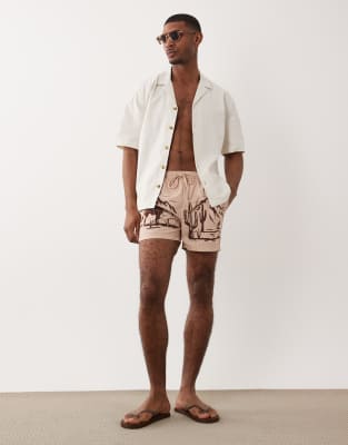 South Beach Western Print Swim Shorts In Brown