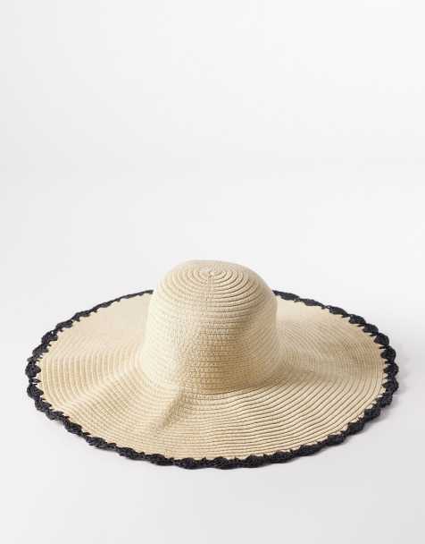 South Beach whip stitch wide brim floppy hat in black and white - view 1