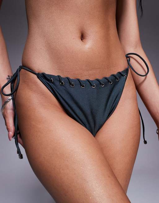 South Beach whipstitch tieside bikini bottom in mid blue, 2 of 4