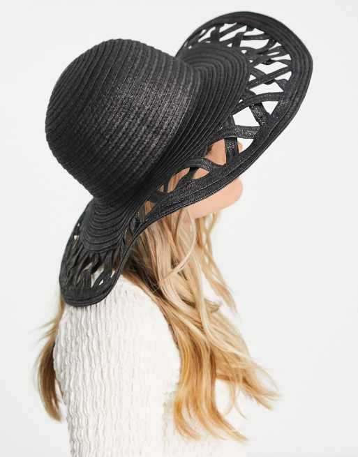 South Beach wide brim hat with cutwork in black straw, 3 of 4