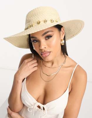 South Beach wide brim hat with gold seashell trim in cream-White