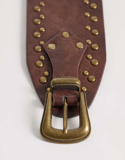 NWT South Beach Studded Wide Waist Belt Brown Gold Tone Boho Festival M/L South Beach wide studded belt in washed brown | ASOS main image 2